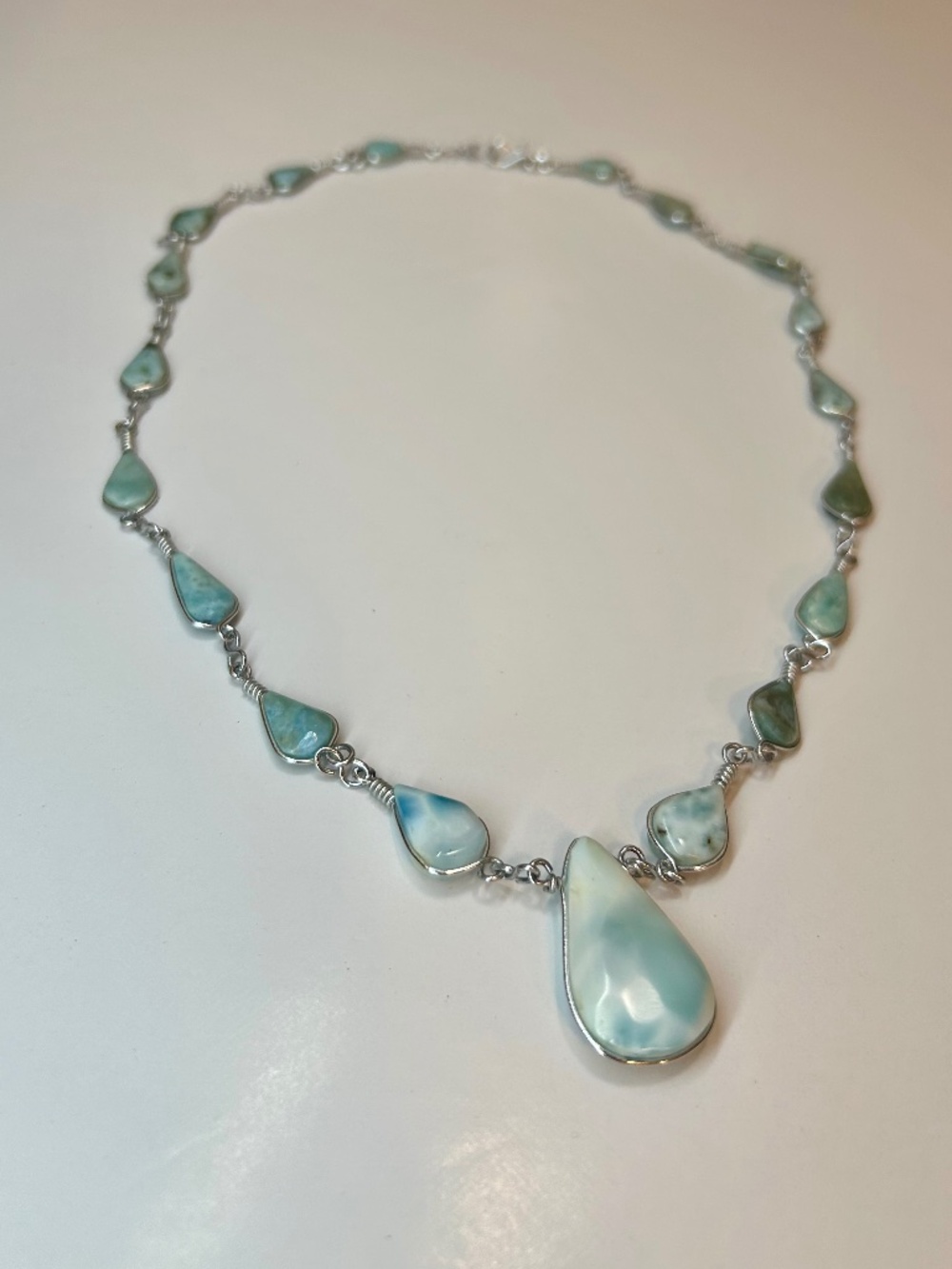 Authentic Larimar Teardrop Designer Jewelry. Necklace Silver Tone Wire Wrapped